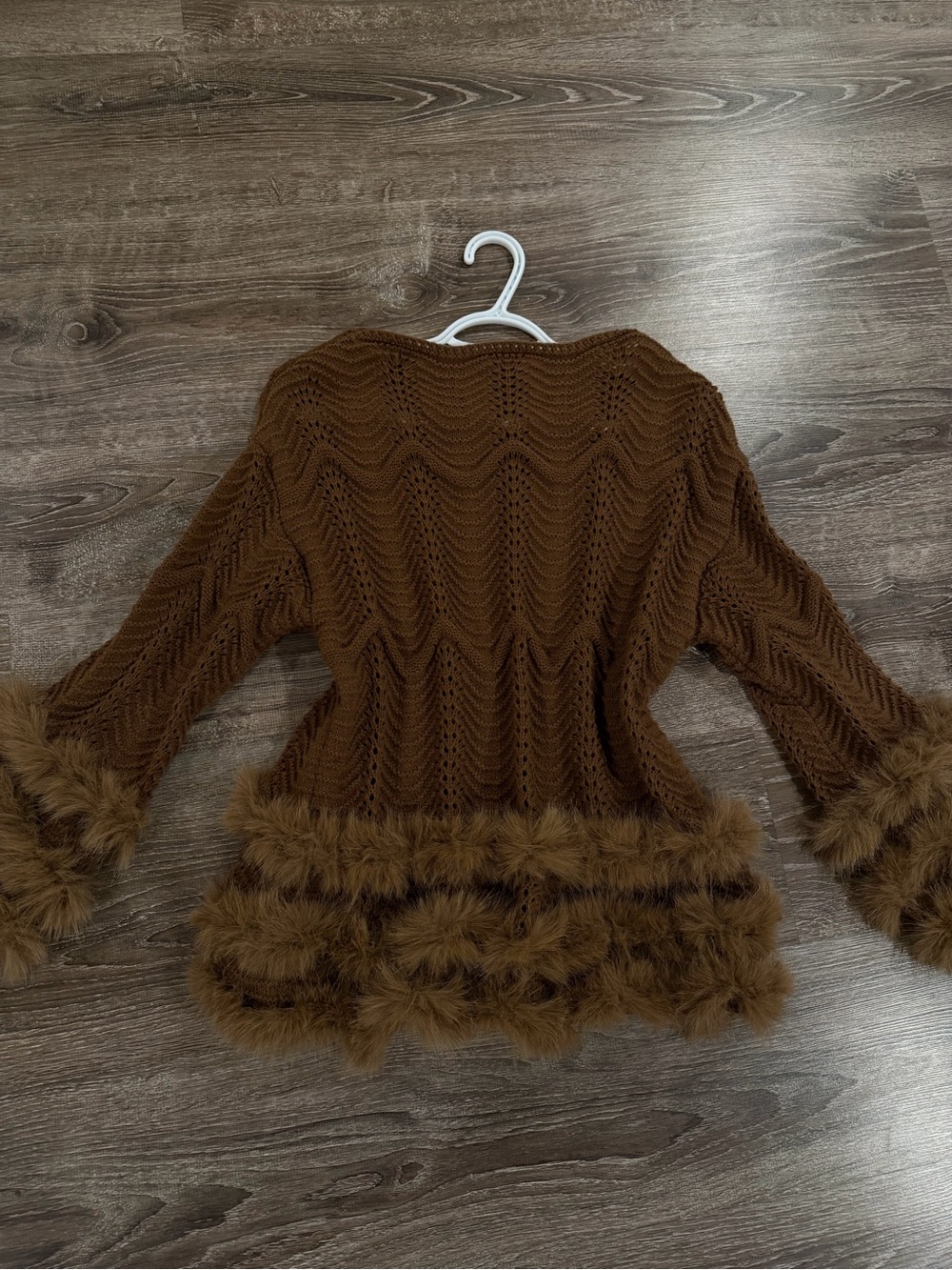 Women's Boho Chic Brown Knit Sweater with Faux Fur Trim - Long Bell Sleeves